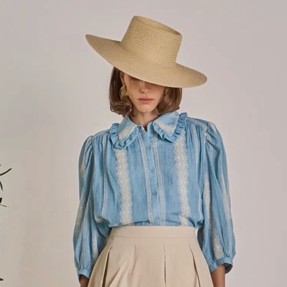 English Factory Women's Blue embroidered ruffle vintage Victorian Blouse NWT - Picture 4 of 5